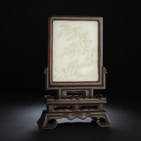 Chinese Wood-Mounted White Jade Floral Table Screen