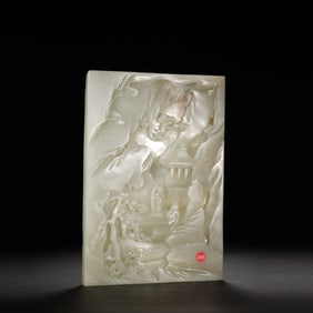 Chinese White Jade Figure-Landscape Table Screen