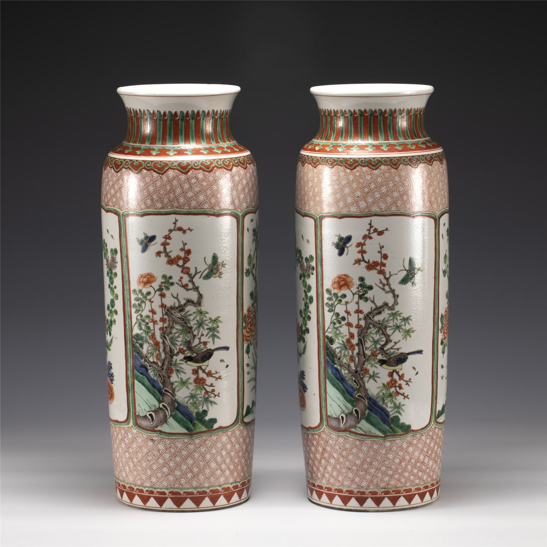 PAIR OF QING KANGXI FAMILLE ROSE BUCKET BOTTLES (1 of 10)