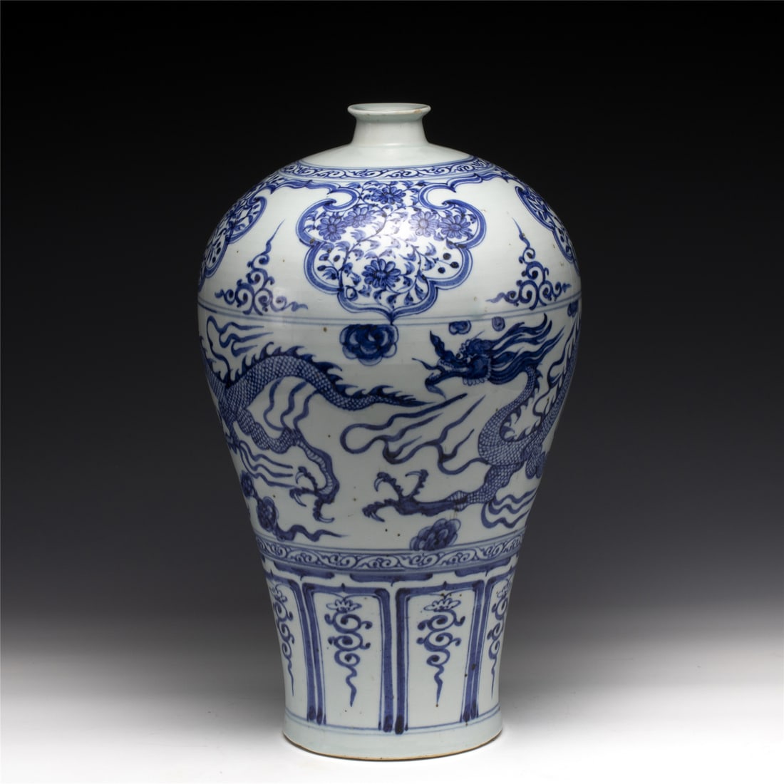 YUAN BLUE & WHITE PLUM VASE: Dimensions: Width: 25 cm, Height: 42 cm Chinese Yuan Dynasty Blue and White Porcelain Plum Vase. Potted into a traditional Meiping form, large, thick and tall potted, wide body on shoulder, slender ne