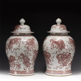 PAIR OF QING UNDERGLAZE RED GENERAL JAR