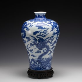 QING QIANLONG BLUE & WHITE PLUM JAR ON STAND