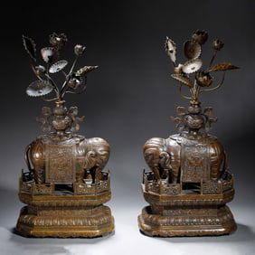 Chinese Bronze Elephant & Lotus Pair (Taiping You Xiang)
