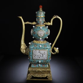Chinese Cloisonn? & Hetian Jade Square Ewer