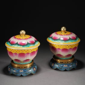 Chinese Famille Rose Lotus Bowls with Cloisonn? Stands