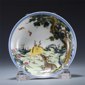 QING FAMILLE ROSE DEERS PLATE