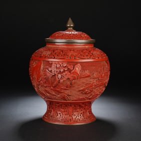 Chinese Cinnabar-Lacquered Landscape Covered Jar