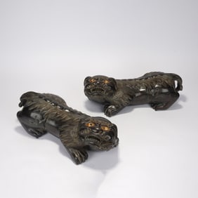 Chinese Red Sandalwood Carved Lion Pair
