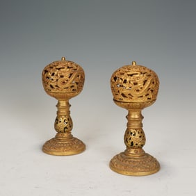 A PAIR OF Chinese Gilt-Bronze Dragon Openwork Censers