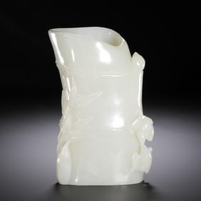 Chinese Hetian White Jade Bamboo Brush Pot