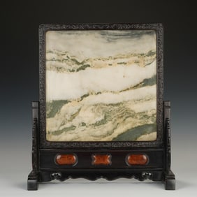 Chinese Zitan-Mounted Marble Table Screen