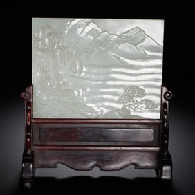 Chinese Wood & Hetian Jade Landscape Table Screen