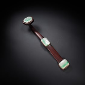 Chinese Zitan & Jadeite Three-Inlaid Ruyi