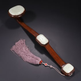 Chinese Wood & White Jade Three-Inlaid Ruyi Scepter