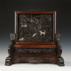 Chinese Zitan Hetian Jade-Inlaid Landscape Screen