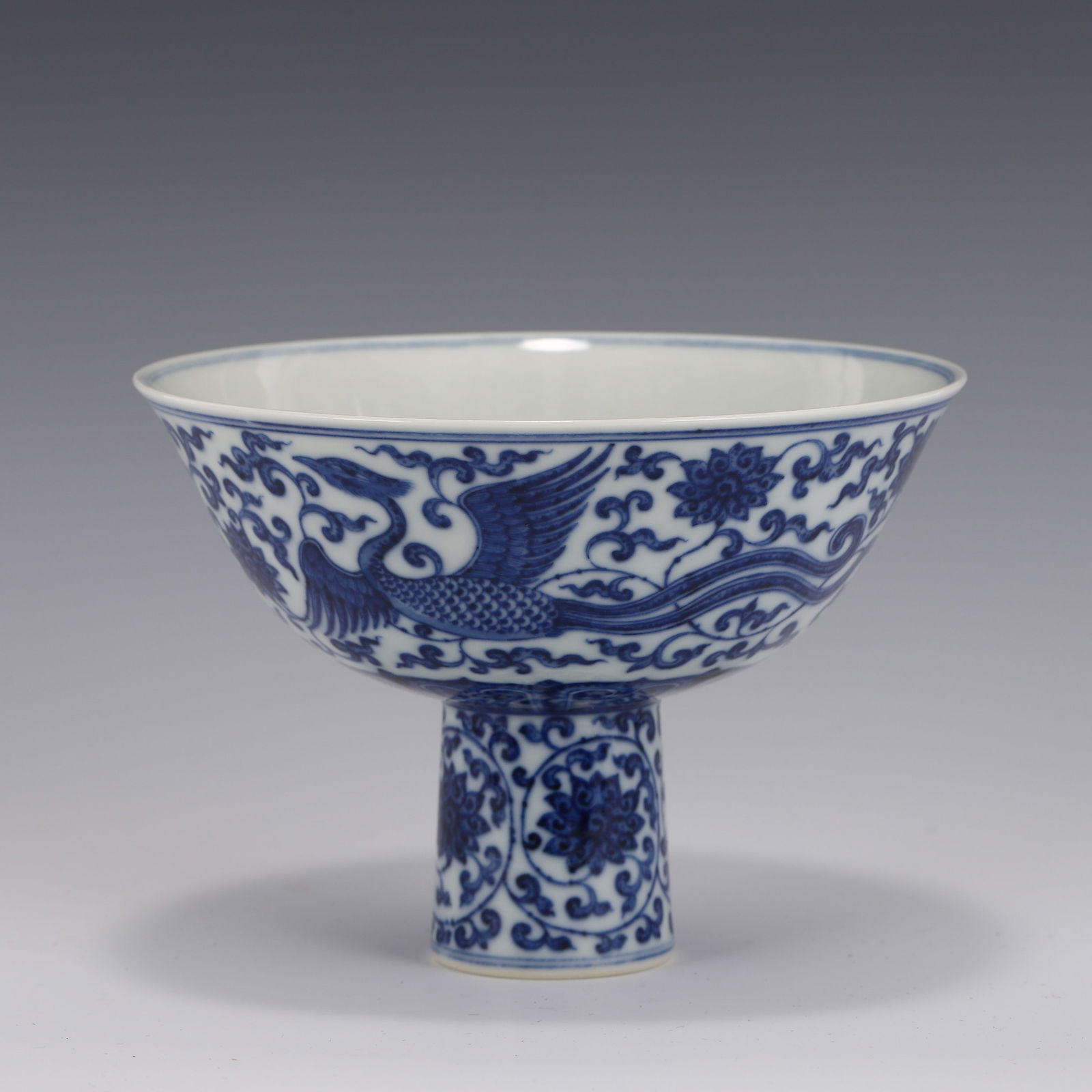 BLUE & WHITE PHOENIX & WRAPPED FLORAL HIGH STEM BOWL (1 of 8)