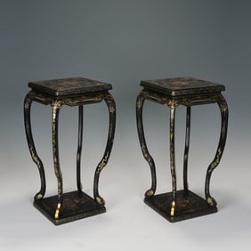 Pair Of Chinese Lacquer-Gilt Four-Legged Incense Stand