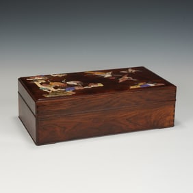 Chinese Huanghuali Gem-Inlaid Crane Motif Box