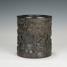Chinese Zitan Carved Brush Pot: Sages Under Pine