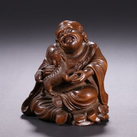 Chinese Boxwood Lohan & Beast Ornament