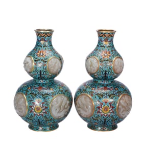 Pair Of Chinese Cloisonn? & Hetian Jade Gourd Vases