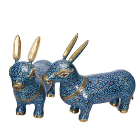 Pair Of Chinese Cloisonn? Rabbit Figurines