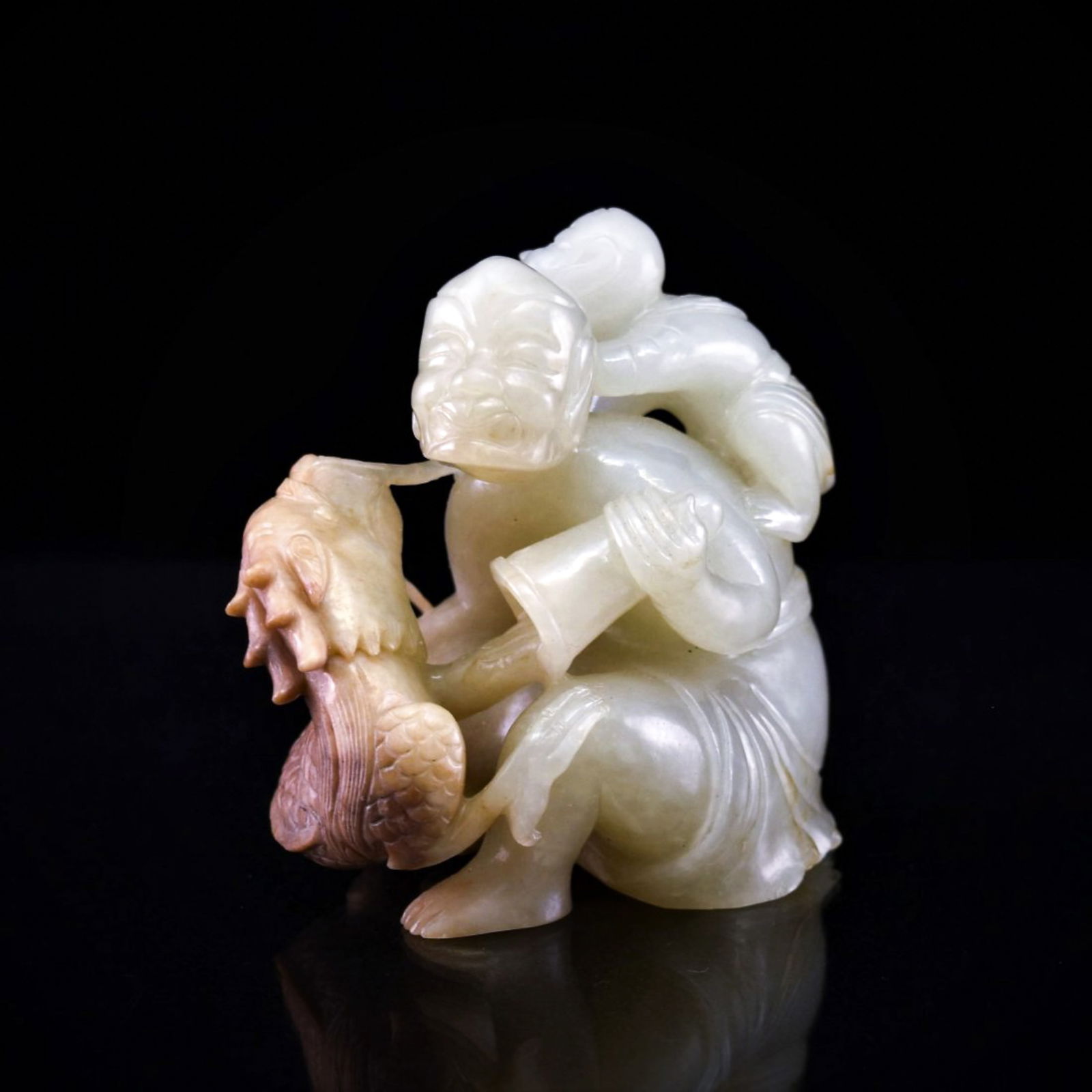 FINE CARVED WHITE JADE OF ELDER W/ DRAGON (1 of 9)