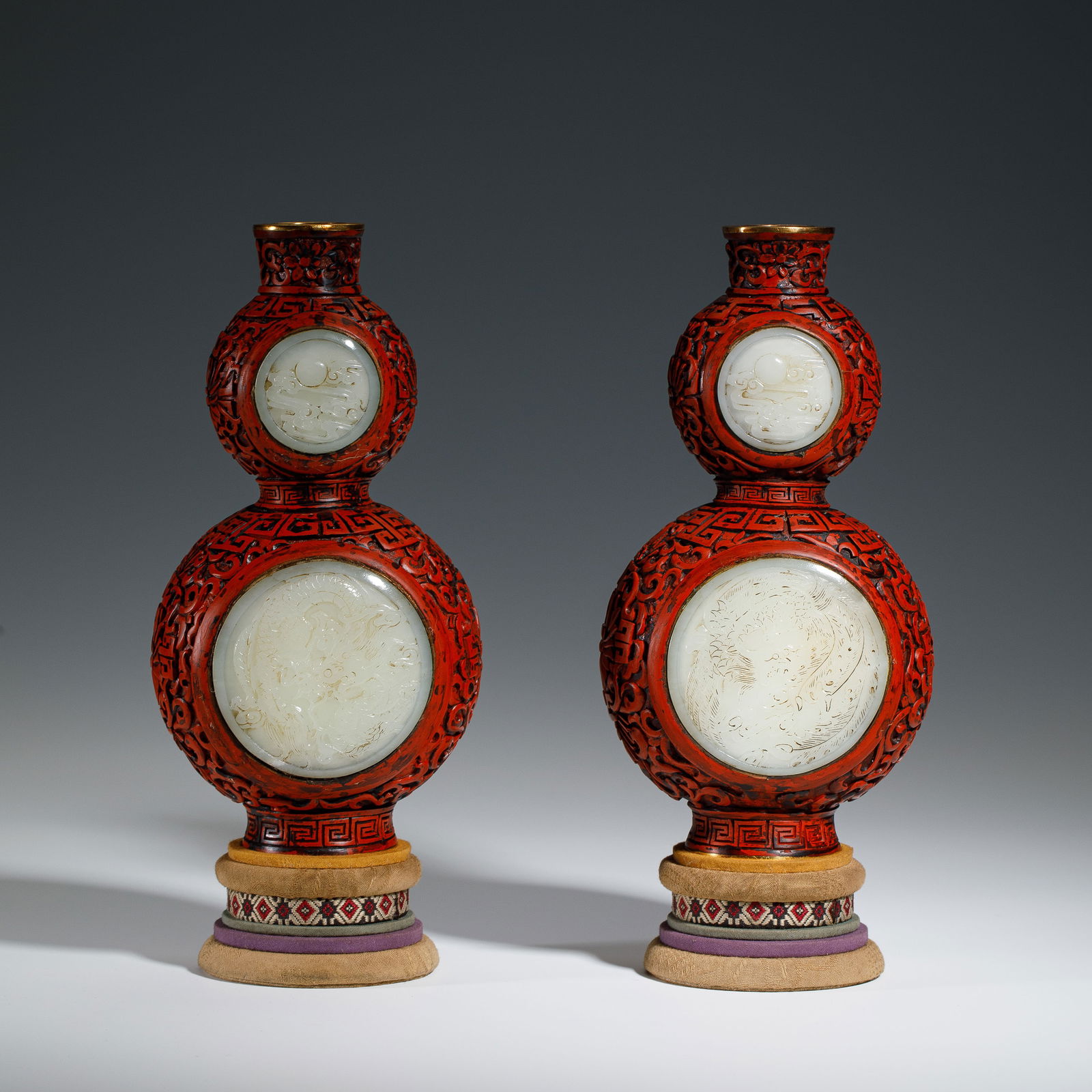 CHINESE LACQUER JADE-INLAID VASE PAIR (1 of 11)