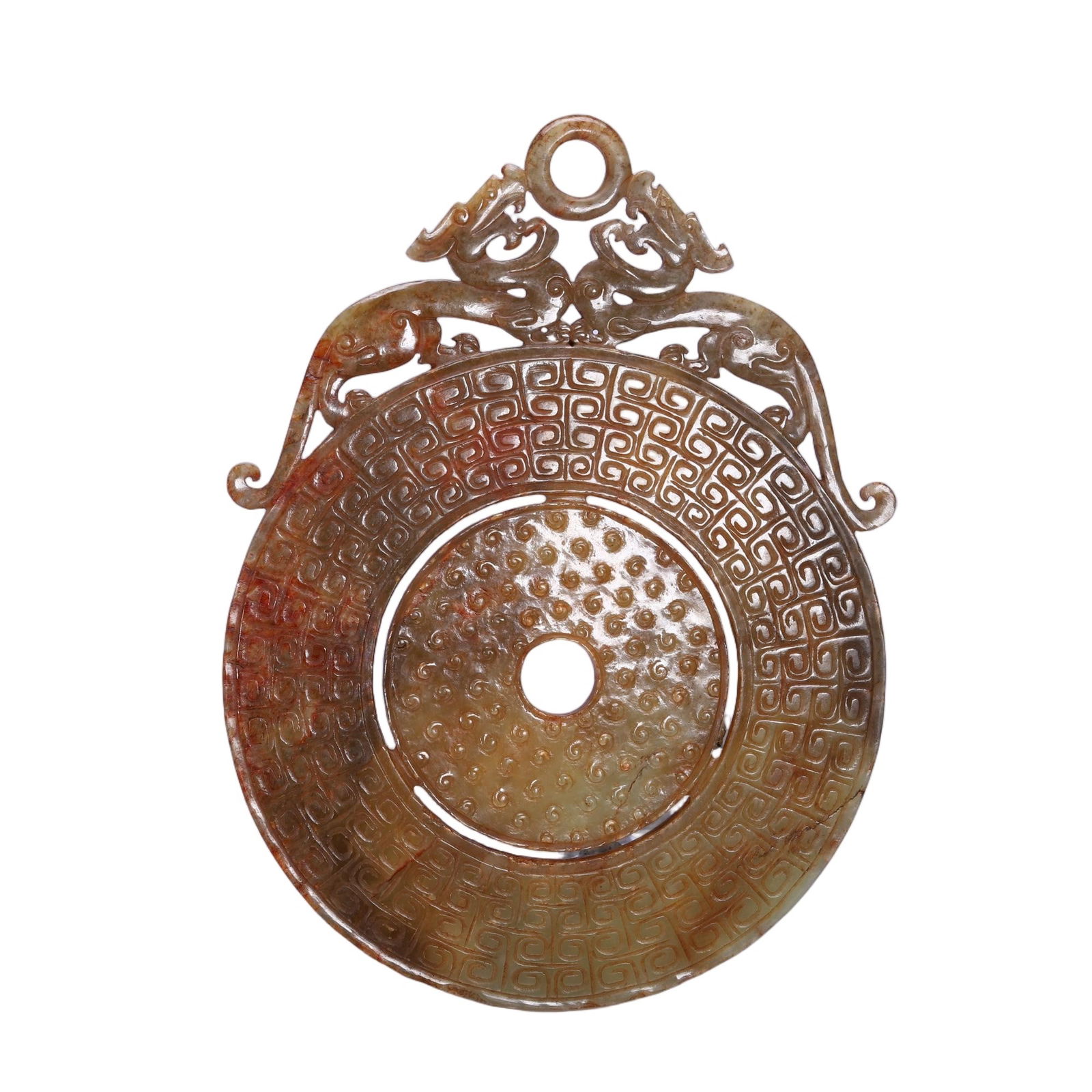 CHINESE ARCHAIC JADE BI DISC: Dimensions: L. 22.5 cm. W. 16.5 cm. Weight 440 grams. This magnificent Chinese archaic jade bi disc features a double-ring structure, with the outer ring carved with a continuous geometric scroll patt
