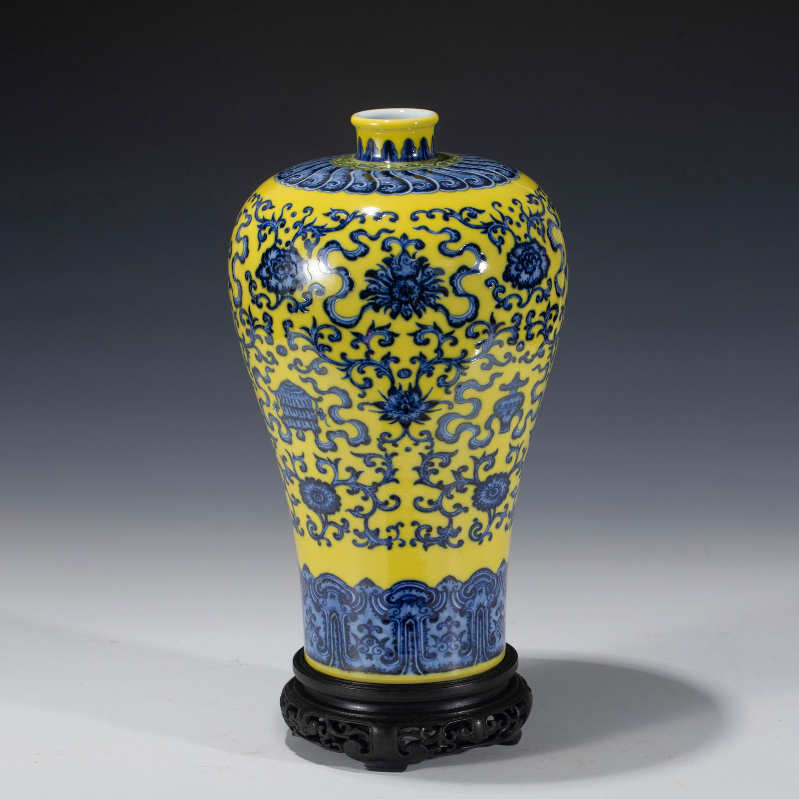 CHINESE YONGZHENG BLUE AND WHITE YELLOW GLAZE PLUM VASE (1 of 7)