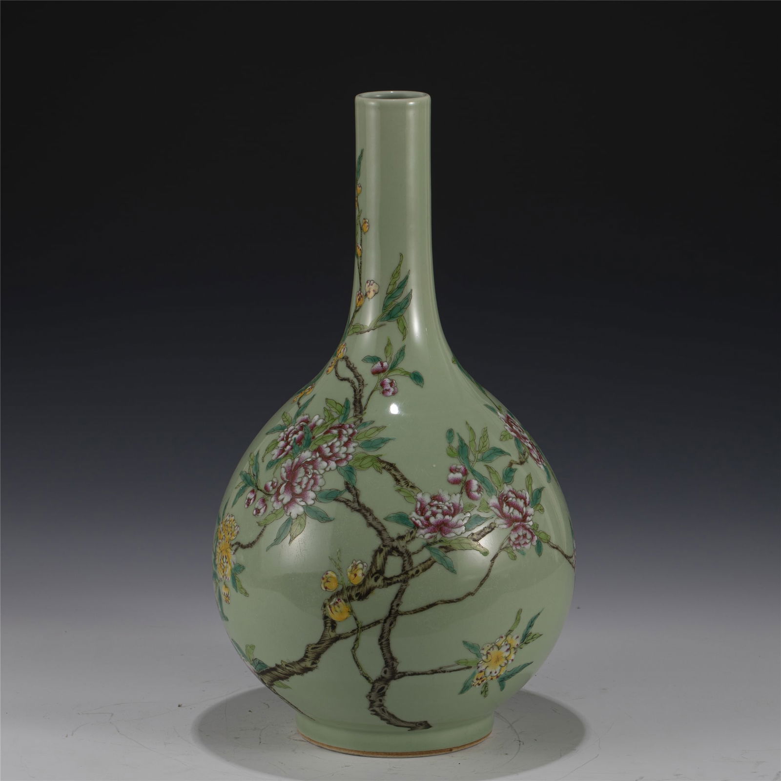 QING QIANLONG FAMILLE ROSE VASE: Dimensions: 21cm L x 21cm W x 37.5cm H Chinese Qing Dynasty QianLong Famille Rose Peony Porcelain Bottle Vase. Potted in a shaped vase, thick and tall, heavy on rounded mid belly concealing gracefully