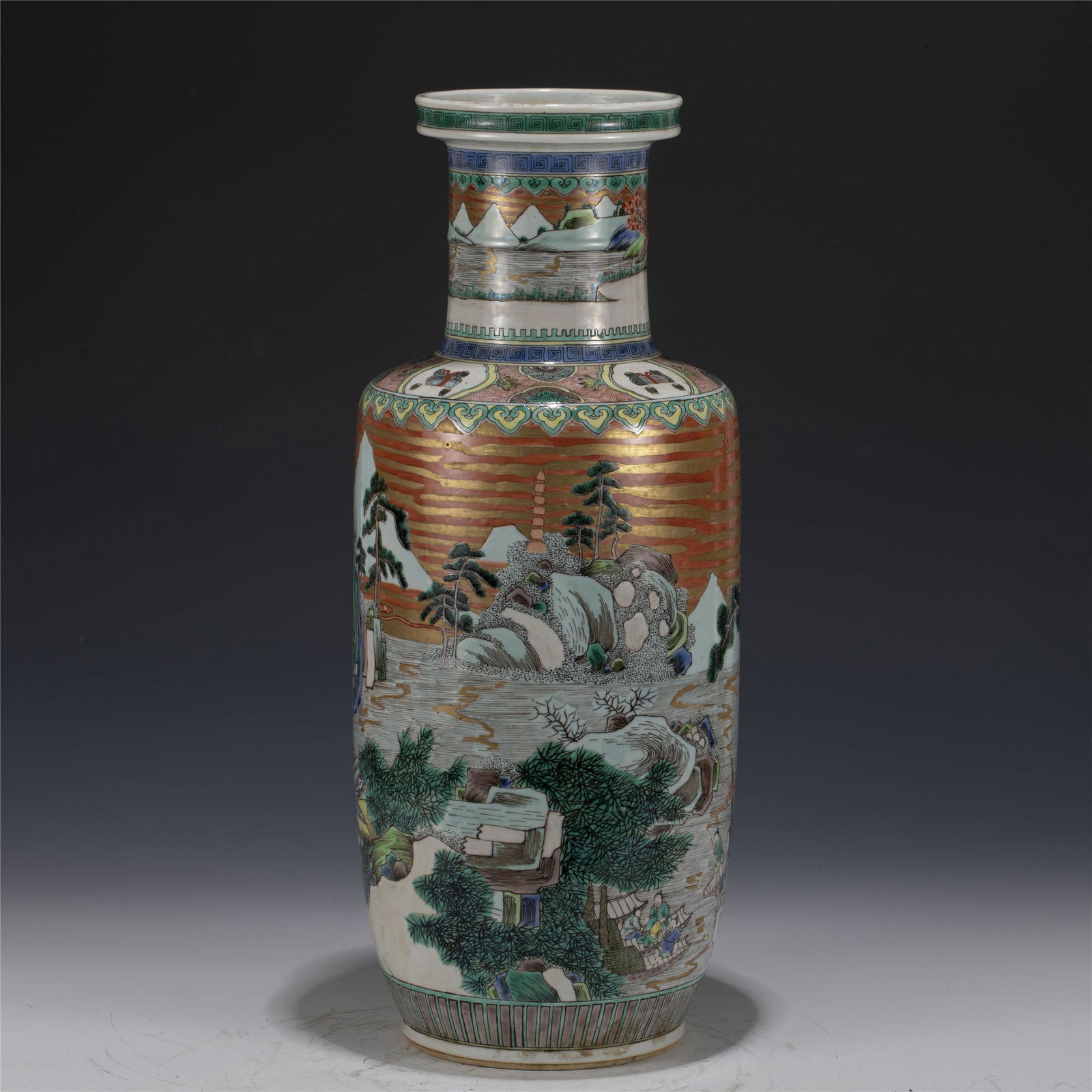 QING KANGXI WUCAI HAMMER VASE: Dimensions: length: 20 cm, Width: 20 cm, Height: 49. 2 cm Chinese Qing Dynasty Kangxi Wucai Porcelain Hammer Bottle Vase. Potted in bottle shape vase, ovoid body, tapered gracefully toward straight sh