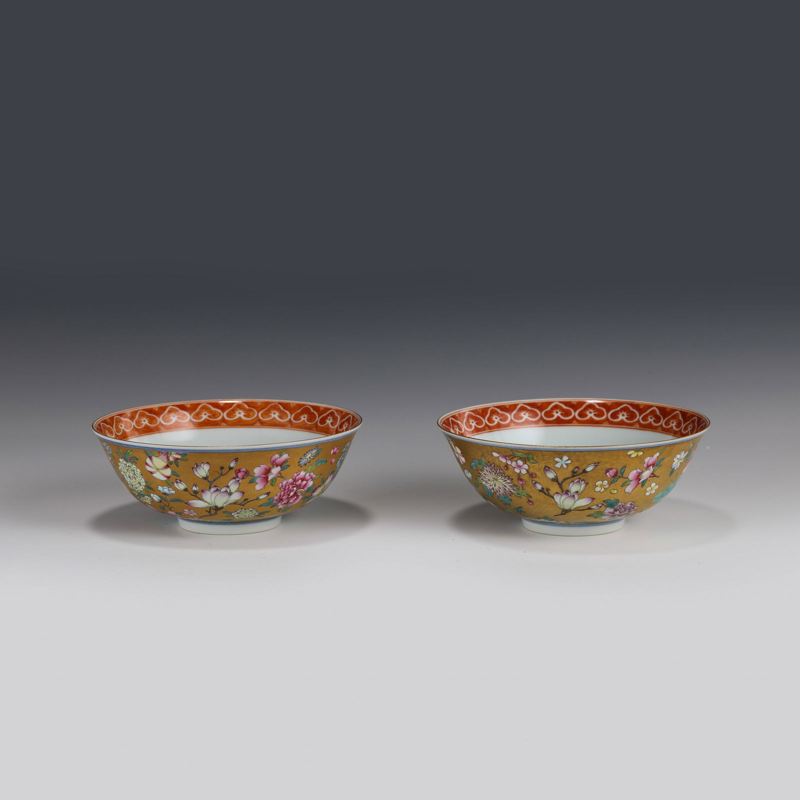PAIR OF ENAMEL AND GILT MOTIF BOWLS (1 of 8)