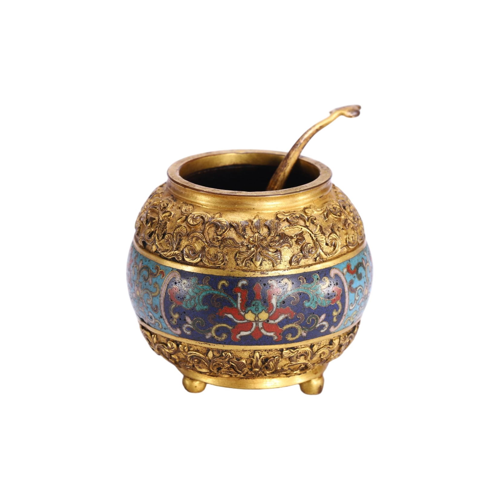 CHINESE CLOISONNE GILT-BRONZE JAR: Dimensions: Diam. 7 cm. H. 7.3 cm. This exquisite Chinese cloisonne gilt-bronze jar features a bulbous body raised on three short feet, paired with an original gilt-bronze ladle. Its upper and lower s
