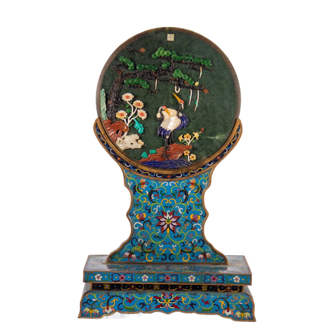 CHINESE CLOISONNE & JADE TABLE SCREEN: Dimensions: L. 32 cm. W. 22 cm. H. 56 cm. Weight 6660 grams. This exquisite Chinese table screen features a spinach-green jade plaque inlaid with precious hardstones, depicting a serene scene of crane