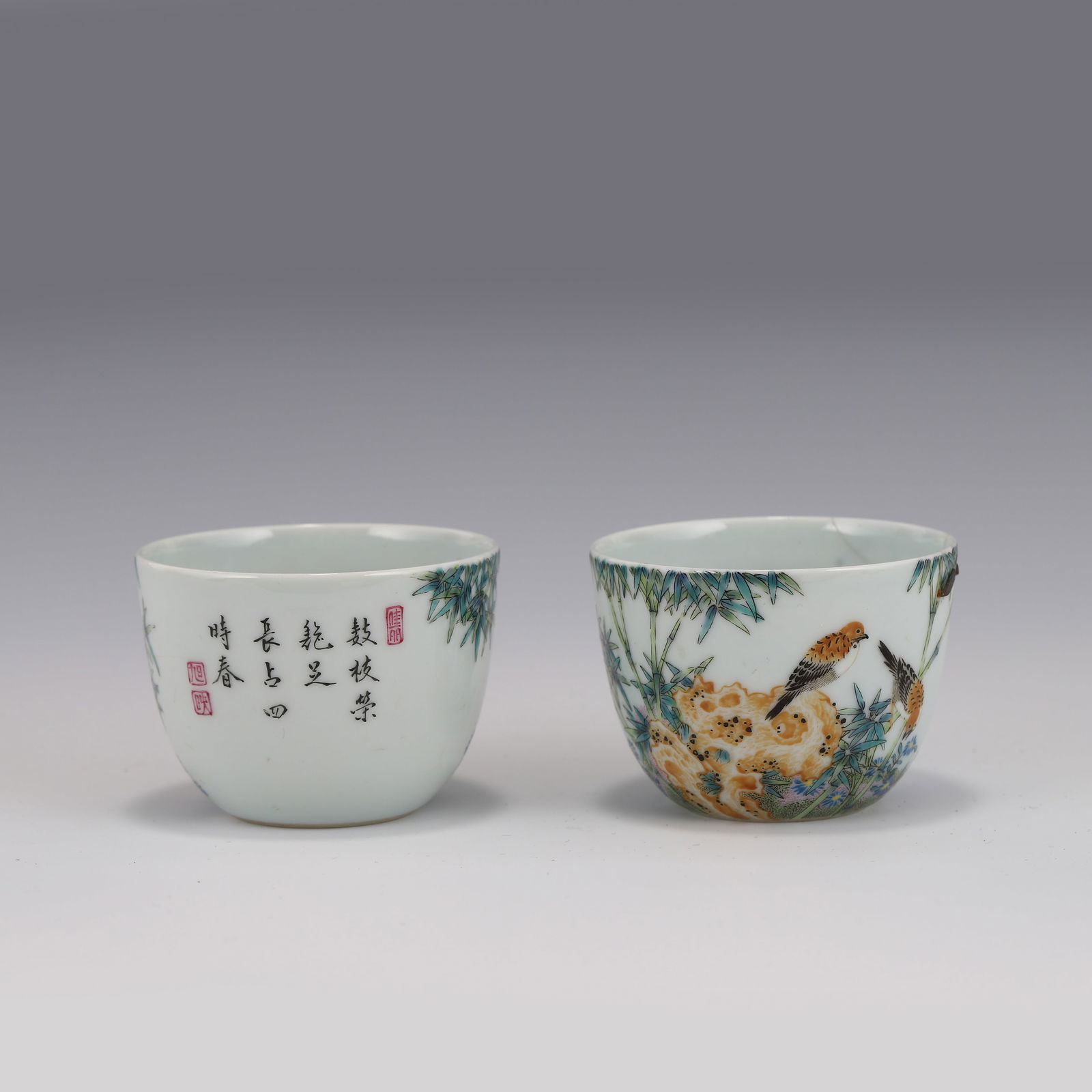 PAIR FAMILLE ROSE BIRDS PORCELAIN CUPS (1 of 8)