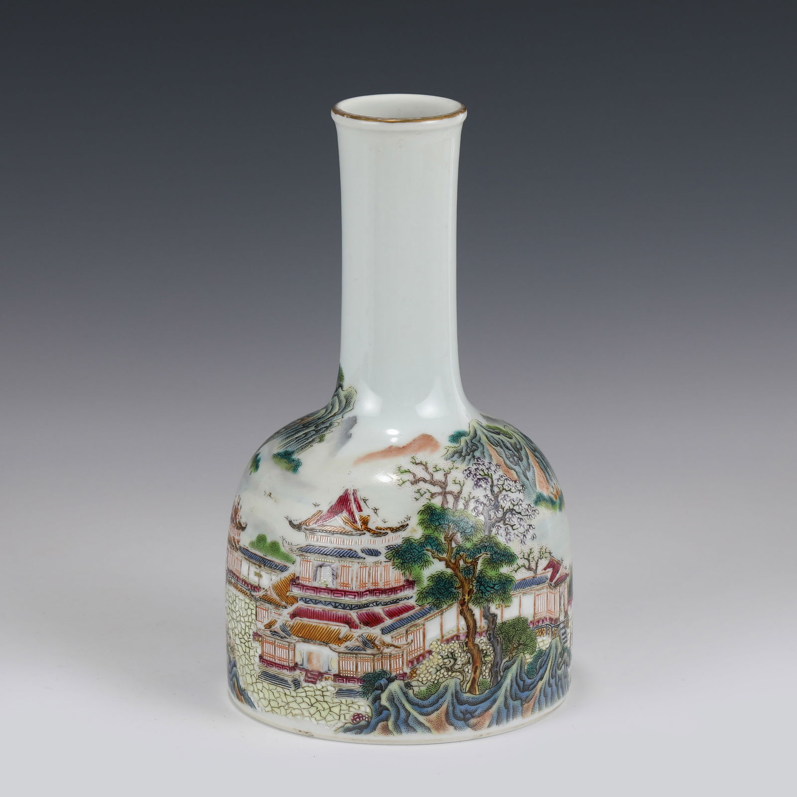 FAMILLE ROSE LANDSCAPE BELL SHAPED BOTTLE VASE: Dimensions: in (cm) Height: 19 Diameter: 11 Chinese Qing Dynasty Period Famille Rose landscape porcelain bell shaped mallet Vase. The porcelain potted in bell shape vase, globular lower body, tapered