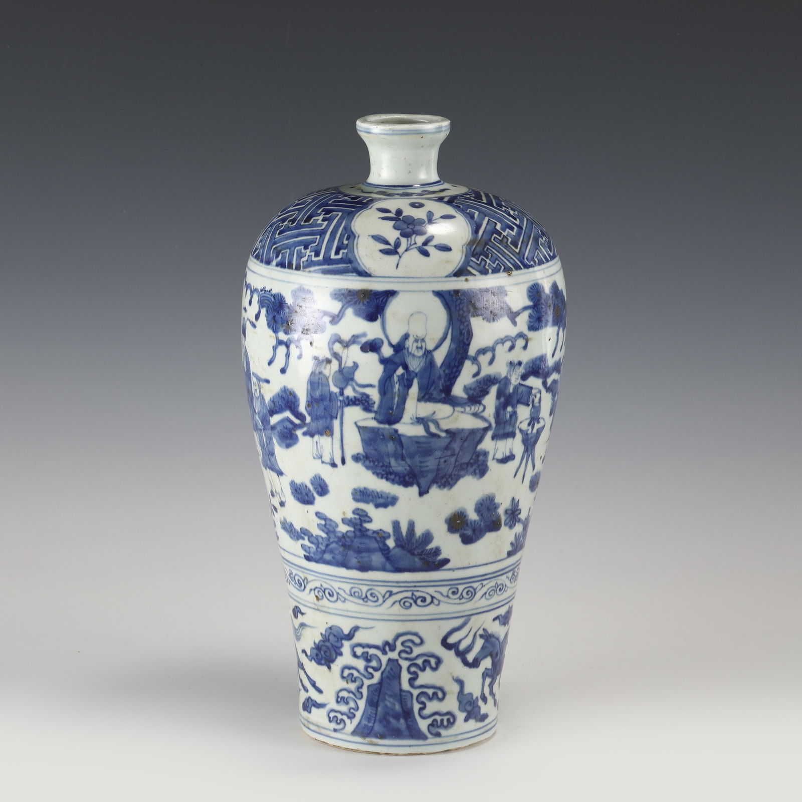 MING PLUM VASE WITH BLUE AND WHITE FIGURES: Dimensions: Height: 36cm, Diam: 18cm Chinese Ming Dynasty Blue and White Figures Porcelain Plum Vase. The porcelain potted into a traditional Meiping form, large, thick and tall potted, wide body on s