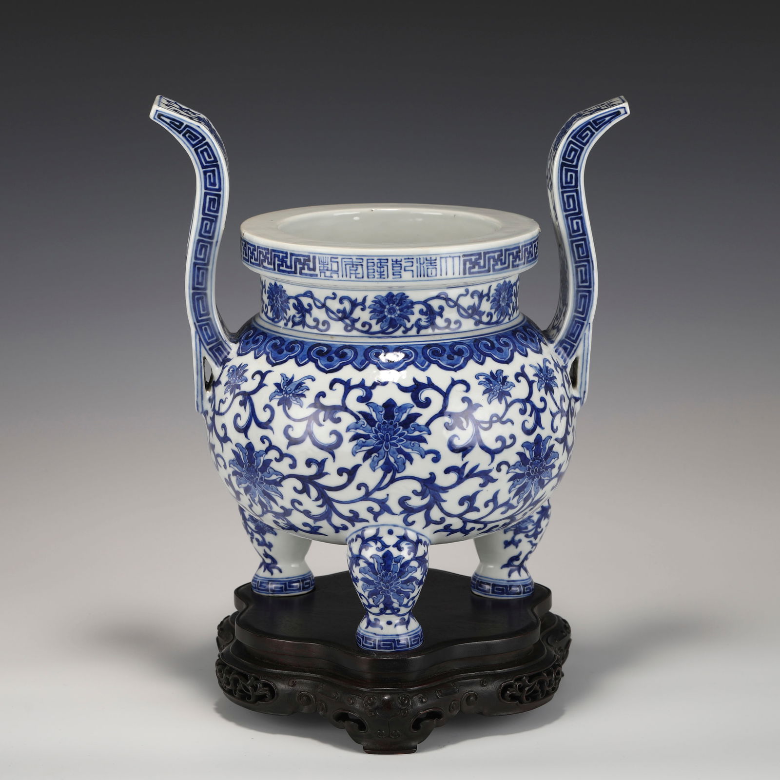 QING QIANLONG BLUE & WHITE INCENSE BURNER: Dimensions: Length: 27 Width: 20cm, Height: 29cm Chinese Qing Dynasty Qianlong Blue and White Lotus Porcelain Incense Burner On Carved Hardwood Stand. Potted in shallow vessel form, thick and deep, gl