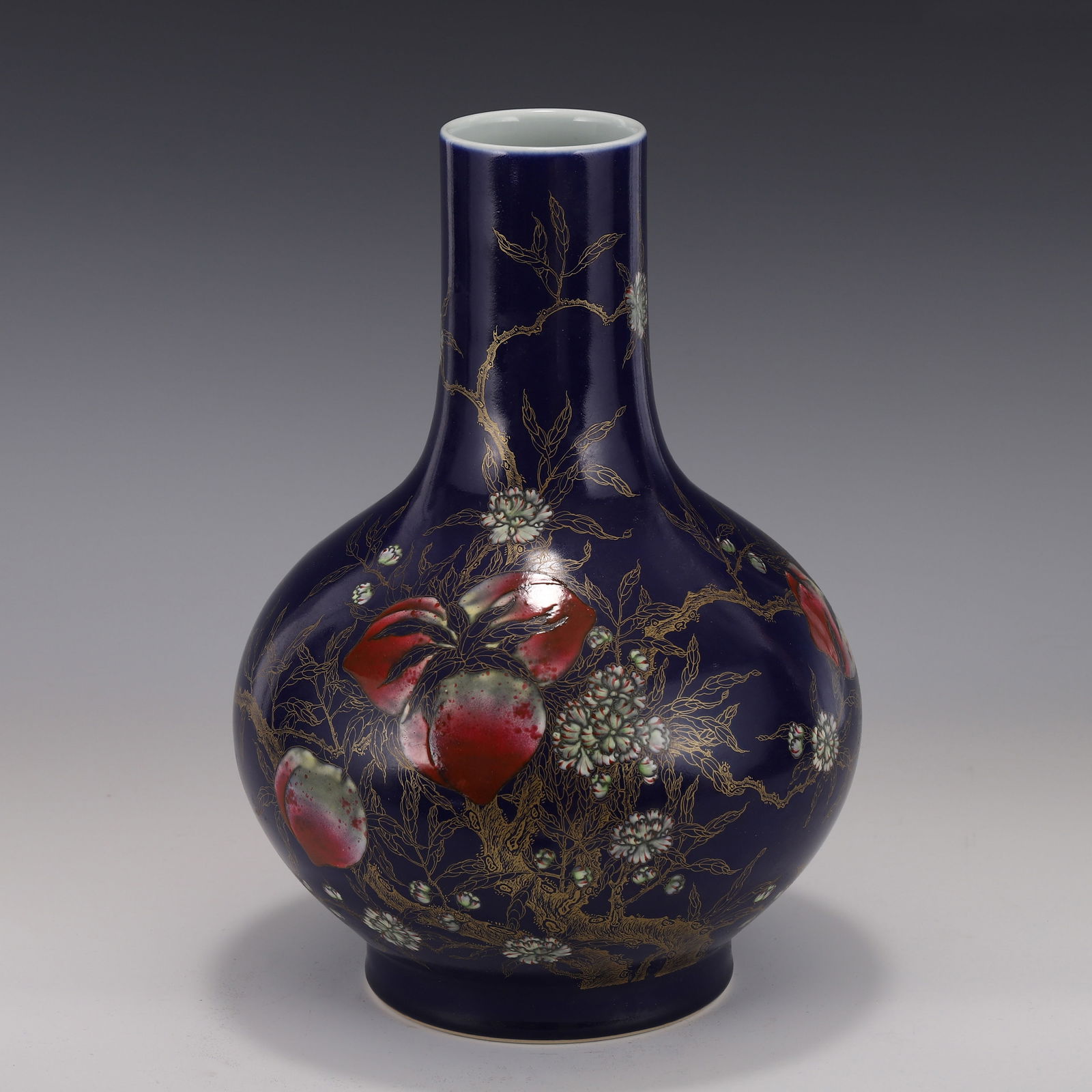 FAMILLE ROSE PEACH ABUNDANT CELESTIAL VASE: Dimensions: Height: 34cm,cm, Diam: 24cm Chinese Qing Dynasty Period, Qianlong Famille Rose pomegranate porcelain vase. Potted in reward vase shape, thick and tall, globular body, straight tall neck, r