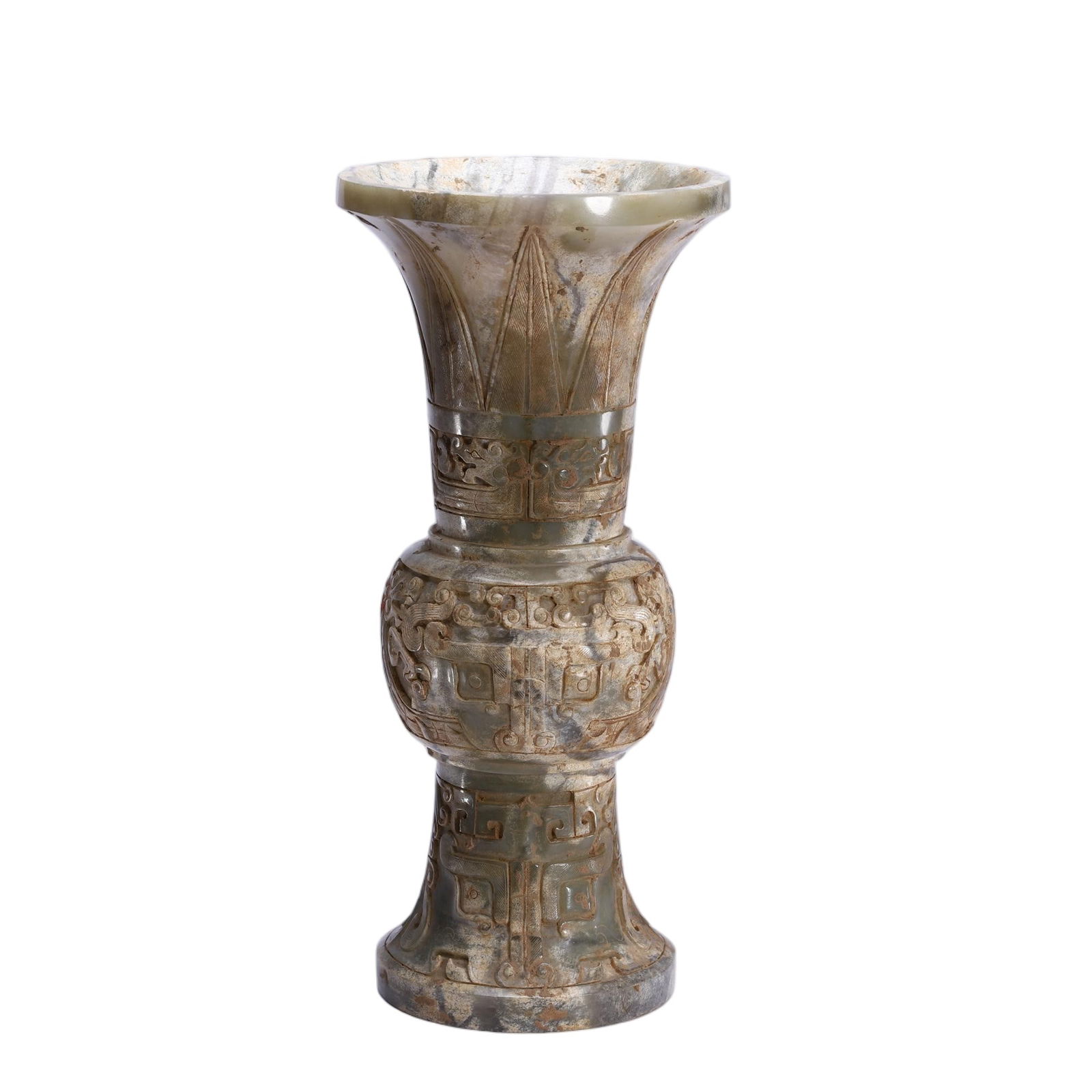 CHINESE ARCHAIC JADE VASE: Dimensions: L. 9.2 cm. W. 9.2 cm. H. 20 cm. This elegant Chinese archaic jade vase features a flared mouth, a slender neck, and a bulbous body rising from a splayed foot. The stone displays a