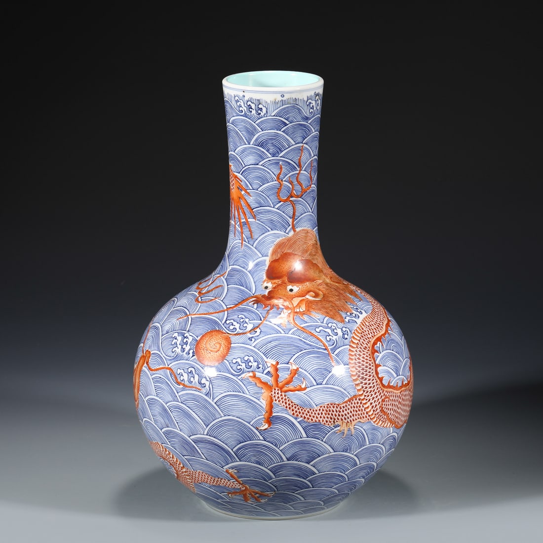 QING BLUE & WHITE ALUM RED DRAGON CELESTIAL VASE (1 of 9)