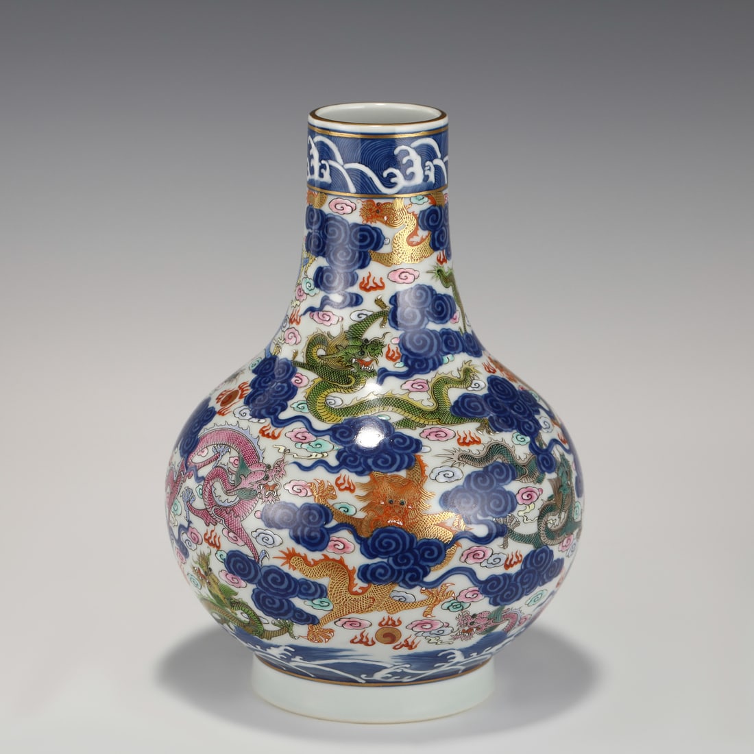 QING GUANGXU FAMILLE ROSE BOTTLE: Dimensions: Width: 14cm, Height: 21cm Chinese Qing Dynasty Guangxu Famille Rose Porcelain Bottle Vase. The porcelain potted in vase shape, thick and tall, globular lower body, straight cylindrical nec