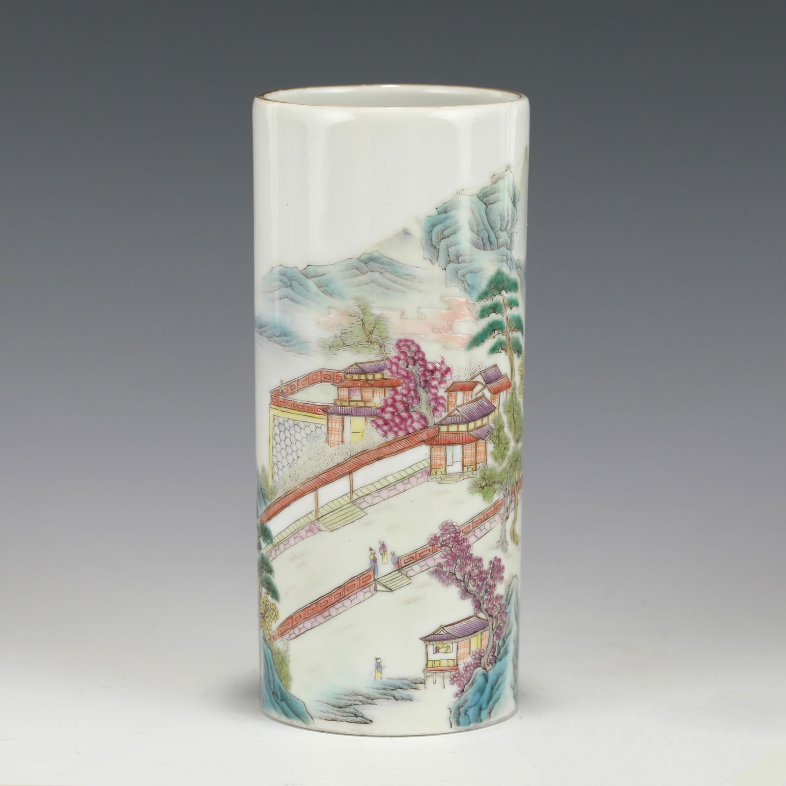 QIANLONG FAMILLE ROSE BRUSH POT: Dimensions (cm): Height: 15.7cm, Diam.: 6.8 Chinese Qing Dynasty QianLong Famille Rose Porcelain Pen Holder. The Porcelain potted in pen holder shape, cylindrical straight body, thick potted, deep cur