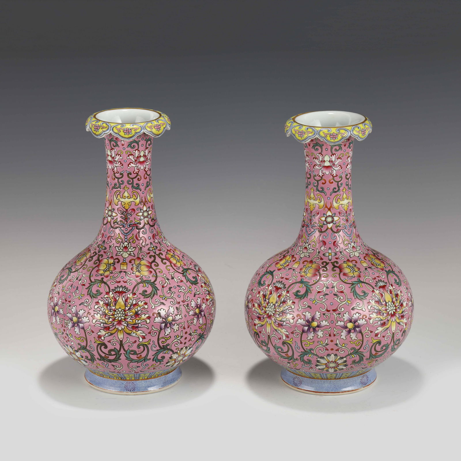 PAIR OF QIANLONG FAMILLE ROSE BEGONIA VASES ON STAND (1 of 10)