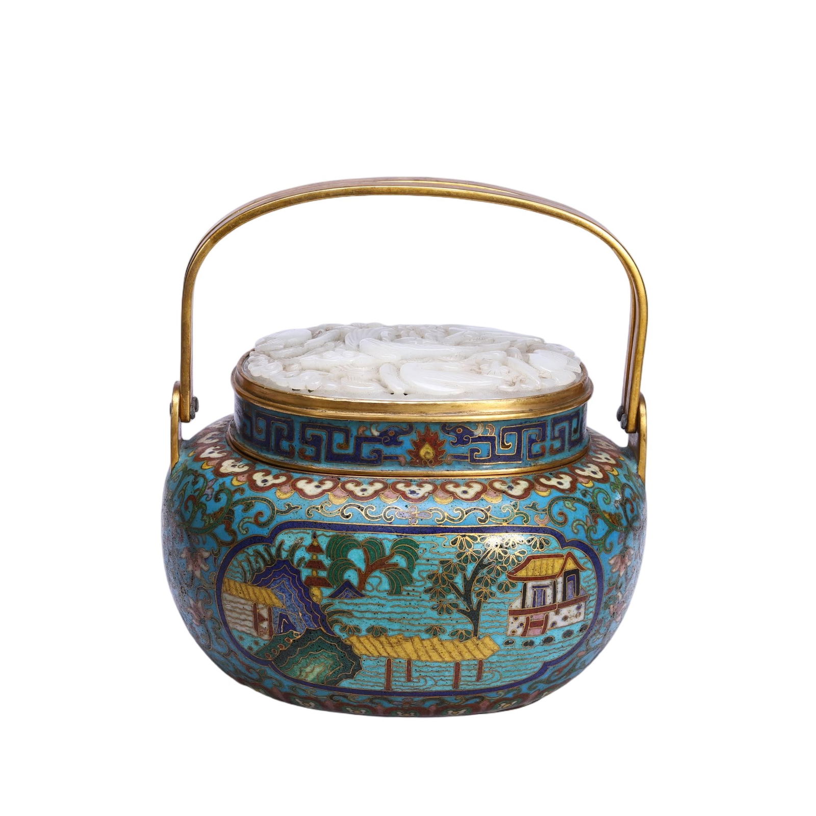 CHINESE CLOISONNE JADE-INLAID HANDLED JAR: Dimensions: L. 16.5 cm. W. 14 cm. H. 17 cm. This elegant Chinese cloisonne jar features a vibrant turquoise enamel ground, meticulously decorated with gilt wirework depicting a tranquil courtyard land