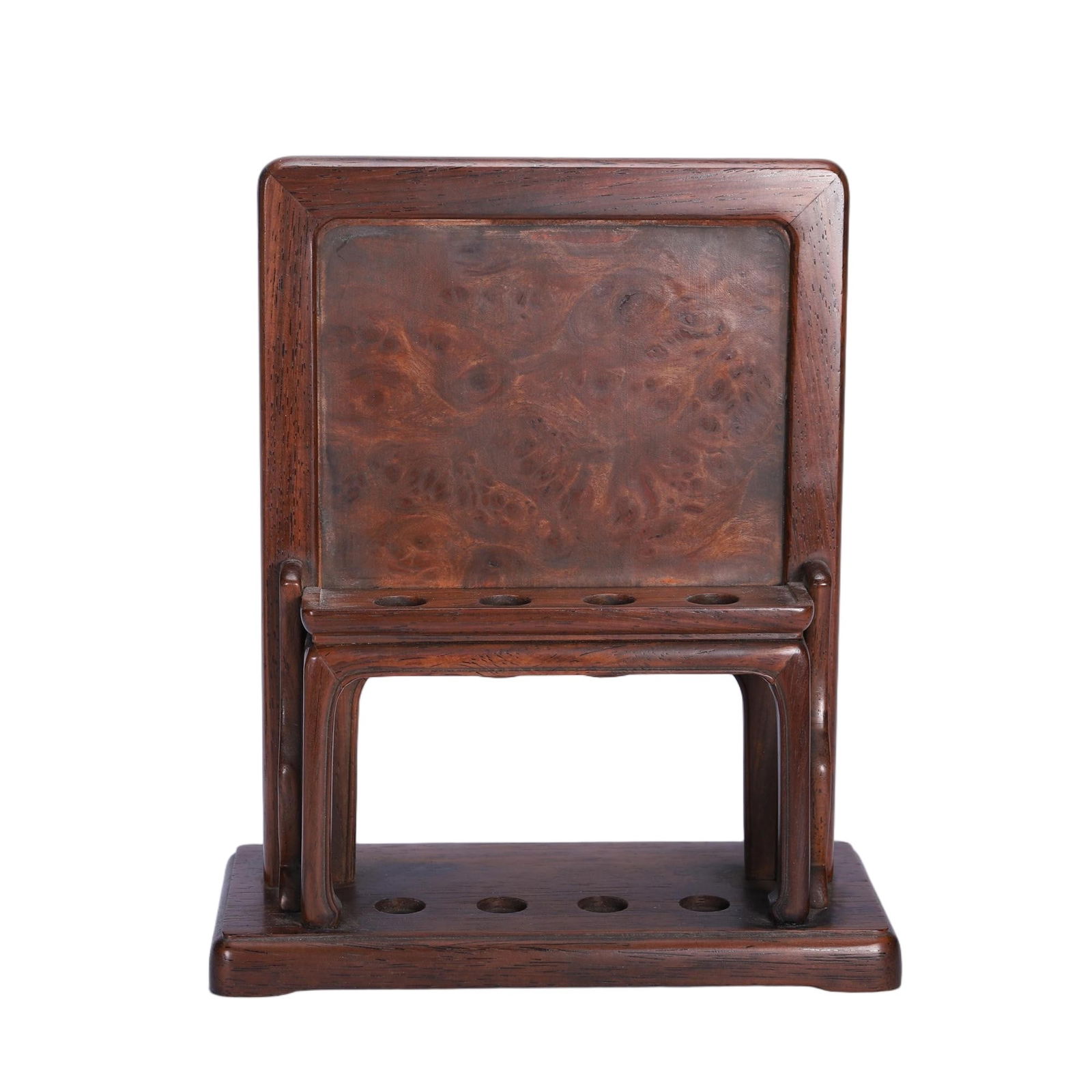 CHINESE HUANGHUALI BRUSH STAND: Dimensions: L. 17 cm. W. 8 cm. H. 20 cm. This elegant Chinese brush stand is crafted from richly grained huanghuali wood, featuring a rectangular back panel inset with burl wood of striking,