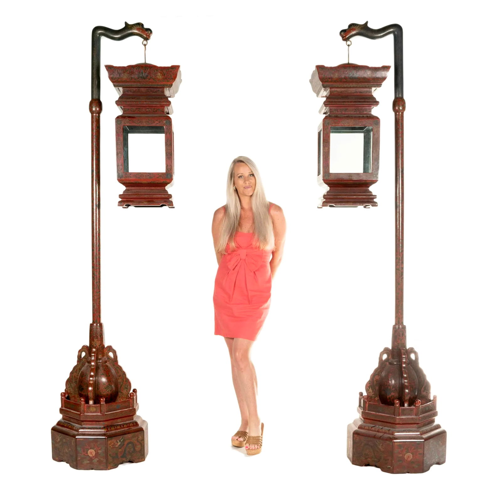 RARE SET OF LACQUERED IMPERIAL DRAGONS LANTERN POST: Measurements: (stand and pole): 97" H x 17-1/2" W (each) (Lanterns): 33-1/2" H x 15-3/4" W (each) Constructed in a square vase shaped body, with four post supporting the flared top with symmetrical