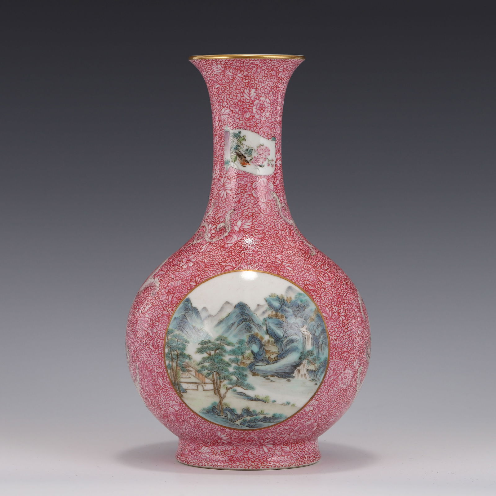 FAMILLE ROSE OPEN FACE LANDSCAPE VASE: Dimensions: Height: 24cm,cm, Diam: 14.5cm Chinese Qing Dynasty Period, Qianlong Famille rose mountain landscape porcelain bottle vase. Potted in reward vase shape, thick and tall, globular body, strai