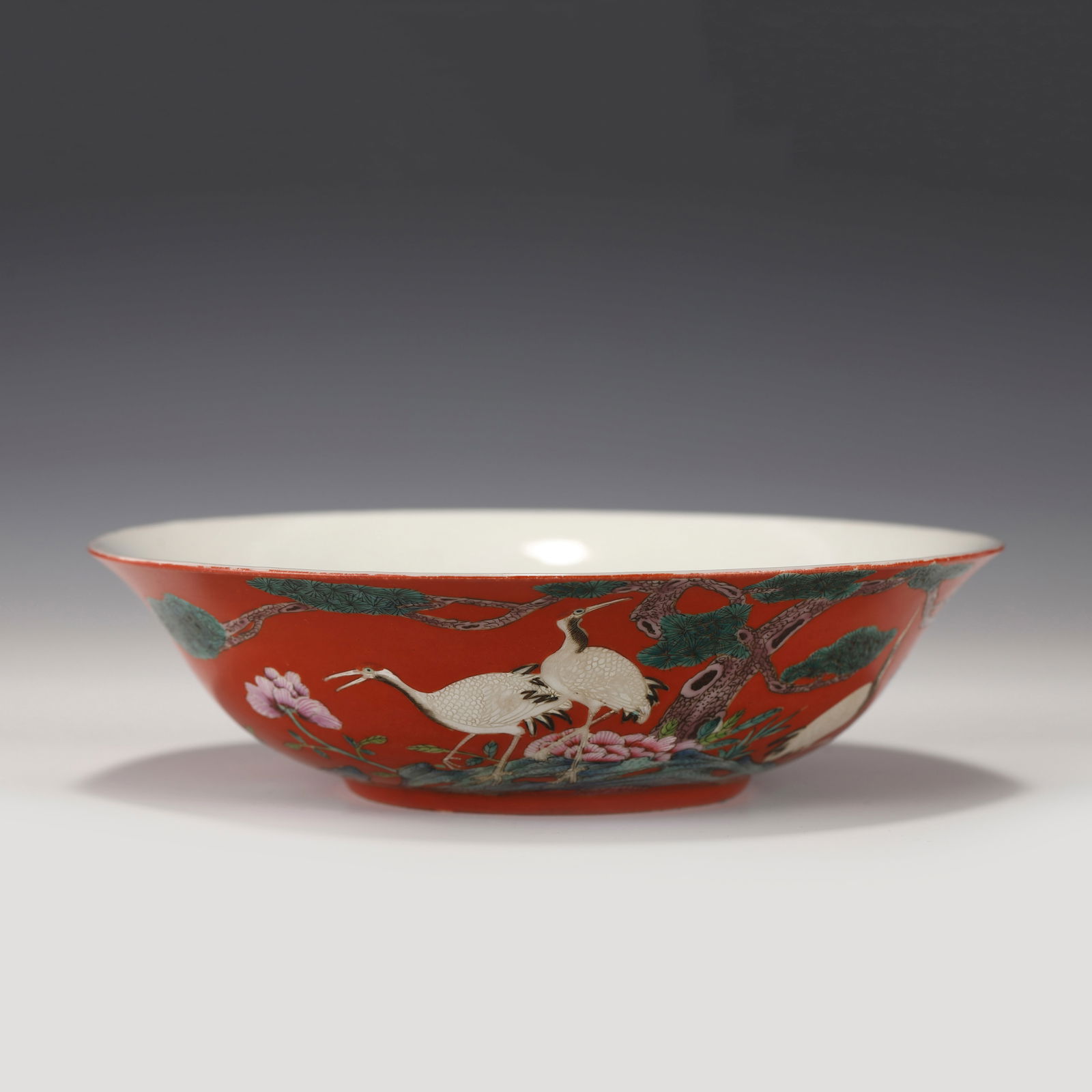QING GUANGXU FAMILLE ROSE BOWL: Dimensions: Width: 19.5cm, Height: 5.5cm Chinese Qing Dynasty Guangxu Famille Rose Cranes Porcelain BowLength: The porcelain potted with a shallow body, slight deep, thick, flaring rim with angled cav